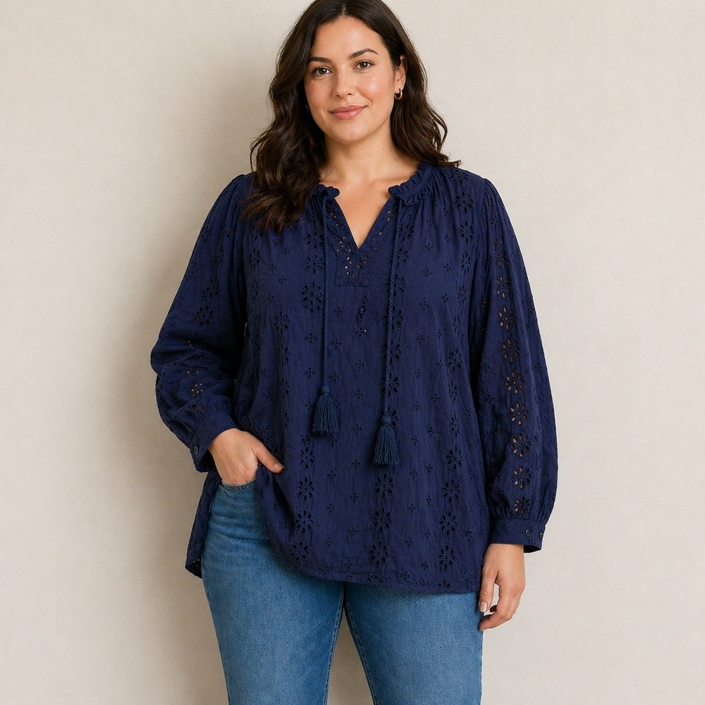 Chicos Womens Blue Eyelet Peasant Blouse Tassel Tie Neck Long Sleeve Top